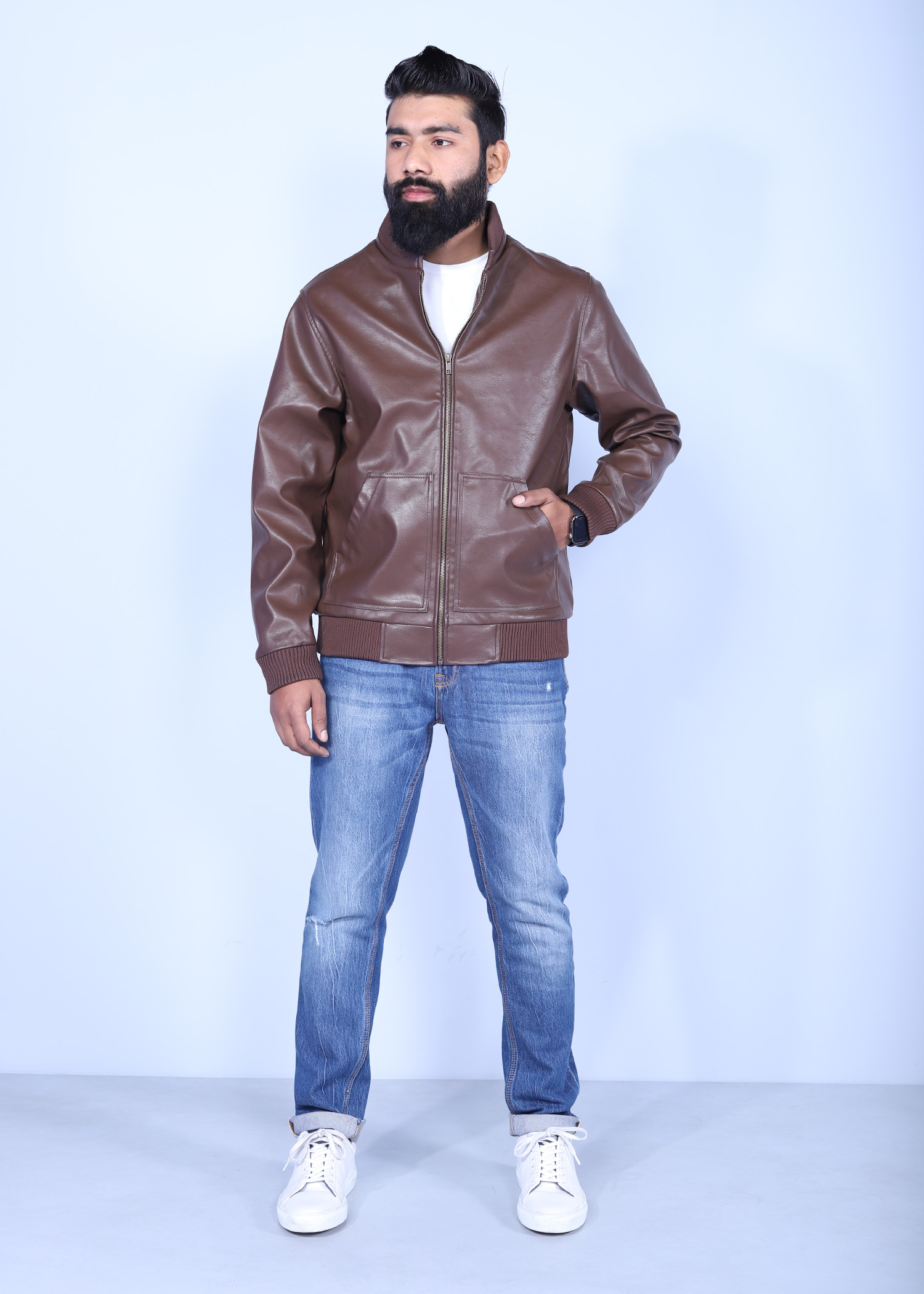 sunbittern leather jacket brown color full front view
