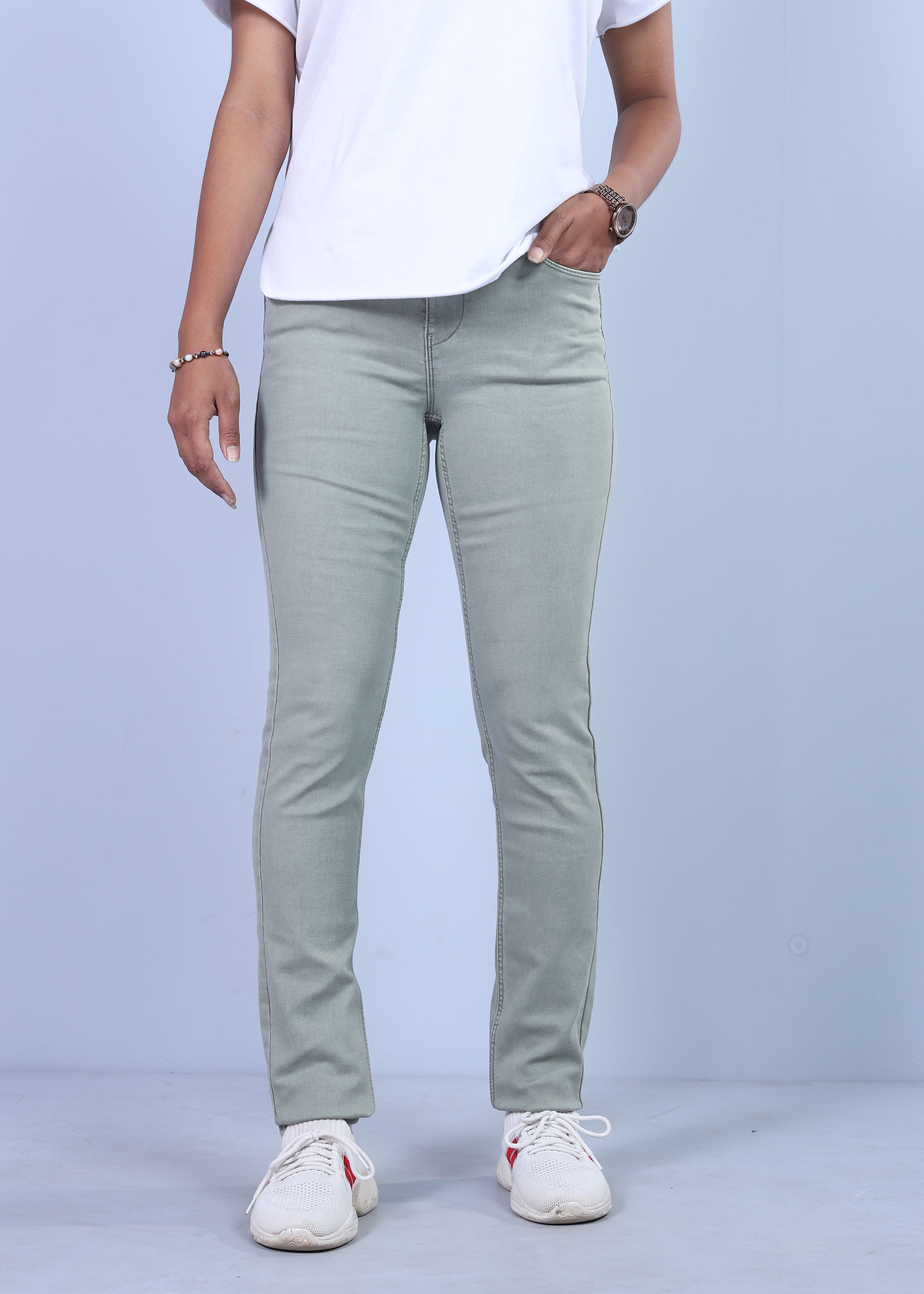 virginia vii ladies denim pant khaki color half front view