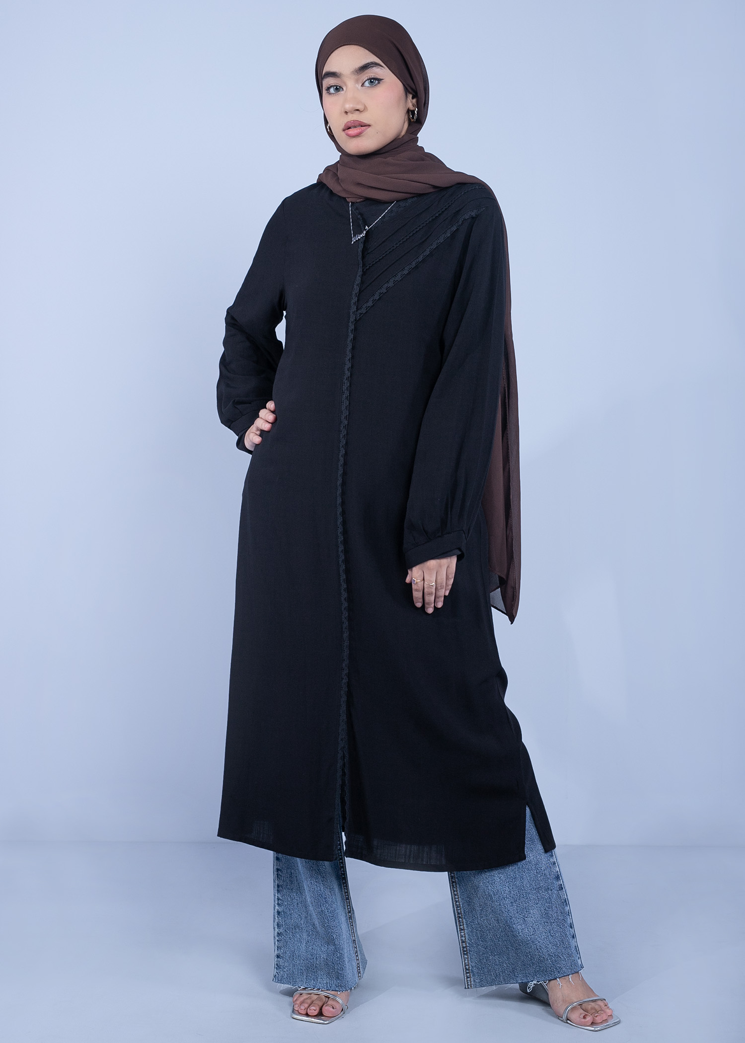 conical ladies long dress black color full front view