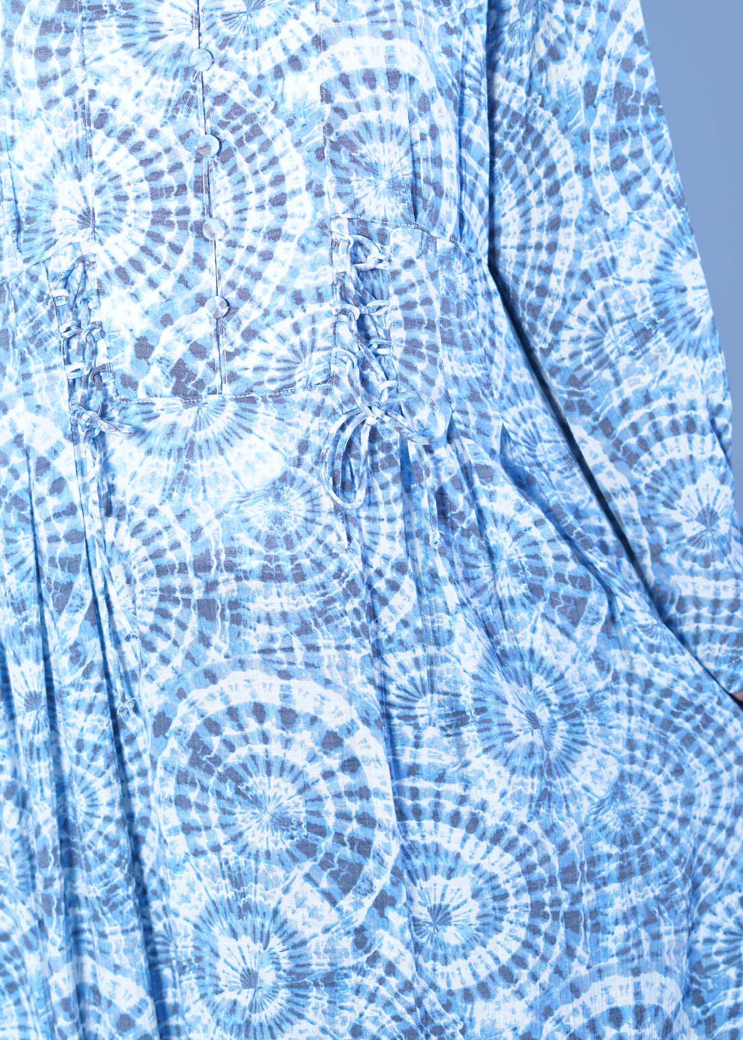 laurel ladies long dress blue tie dye color closeup view